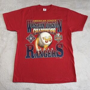 Vintage Texas Rangers Shirt Mens Large Red MLB Baseball Delta 1996 AL Champs